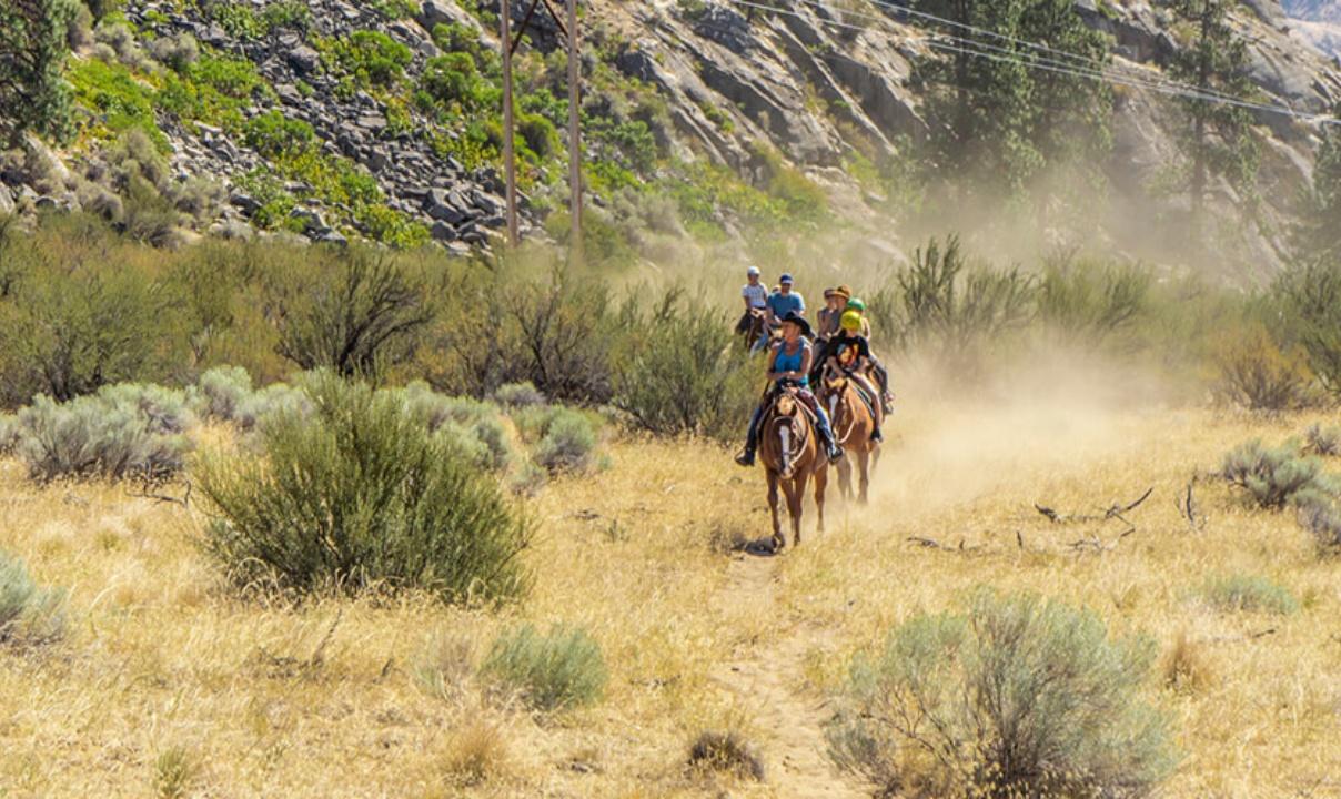 A group of people riding horses through the desert.