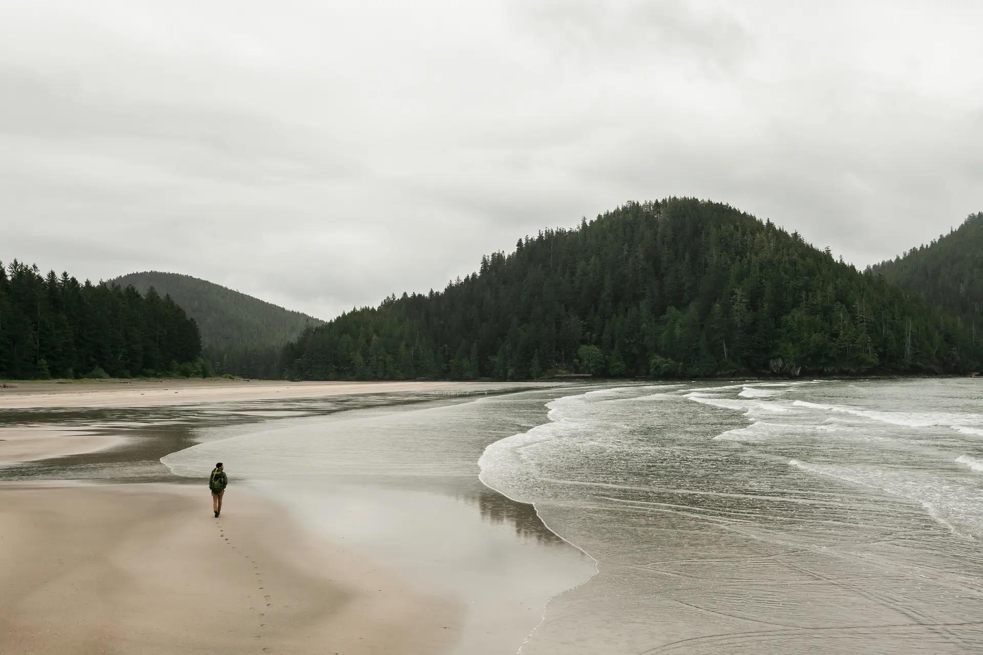 A person walks across Cape Scott beach