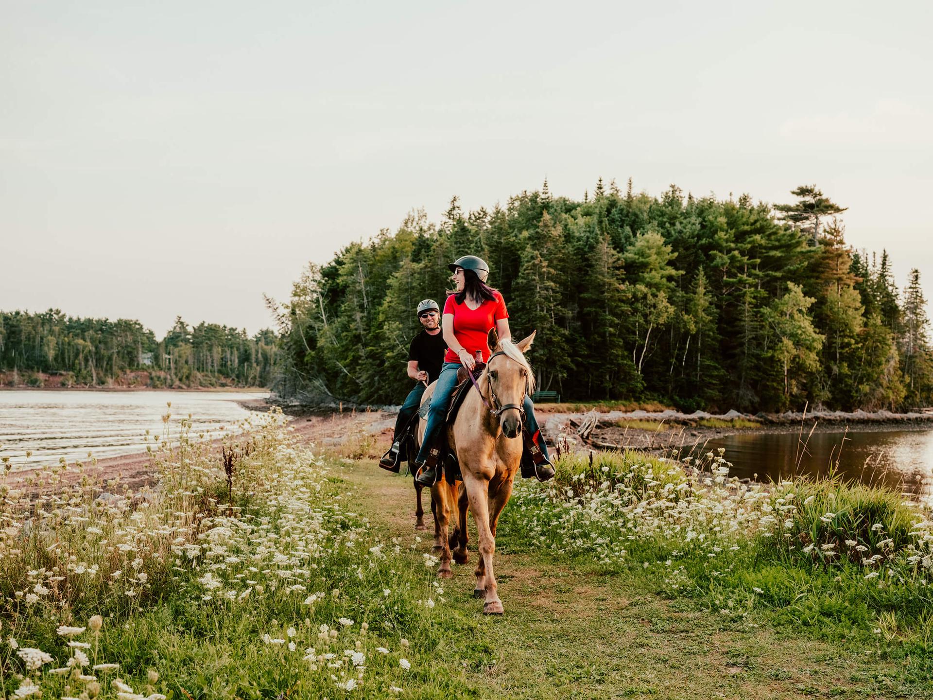 Two people ride horses next to the beach