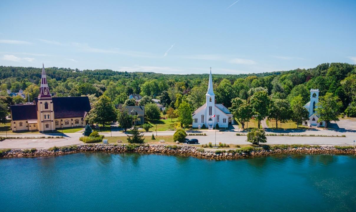 Churches and greenery by the waterfront