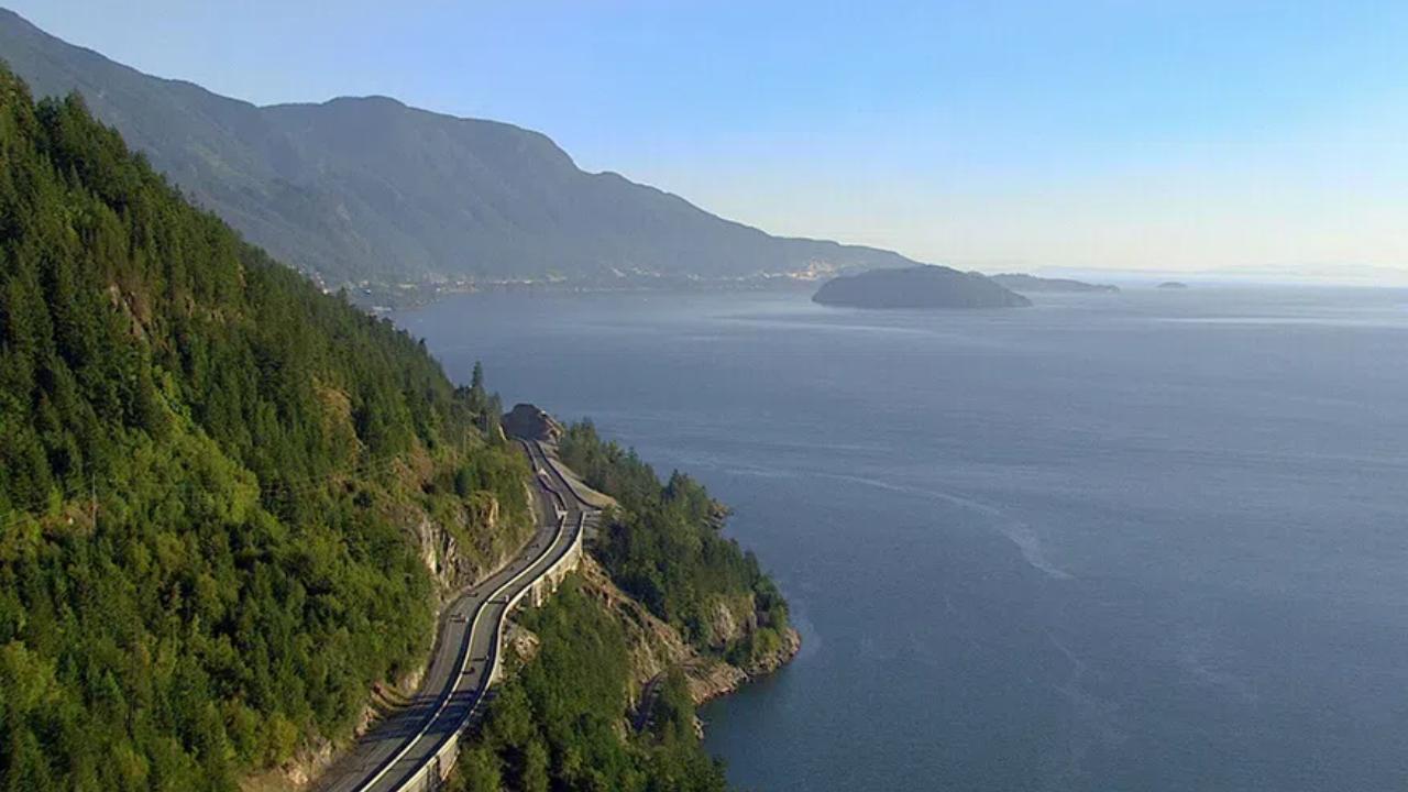 An aerial view of the Sea to Sky Highway.