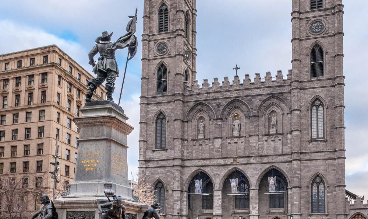 An exterior view of Notre Dame Basilica of Montréal.