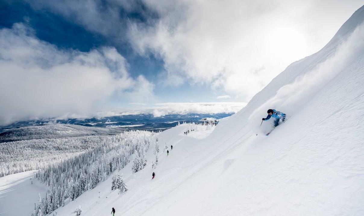 A person skiing down a steep slope with snowy forests in the background.