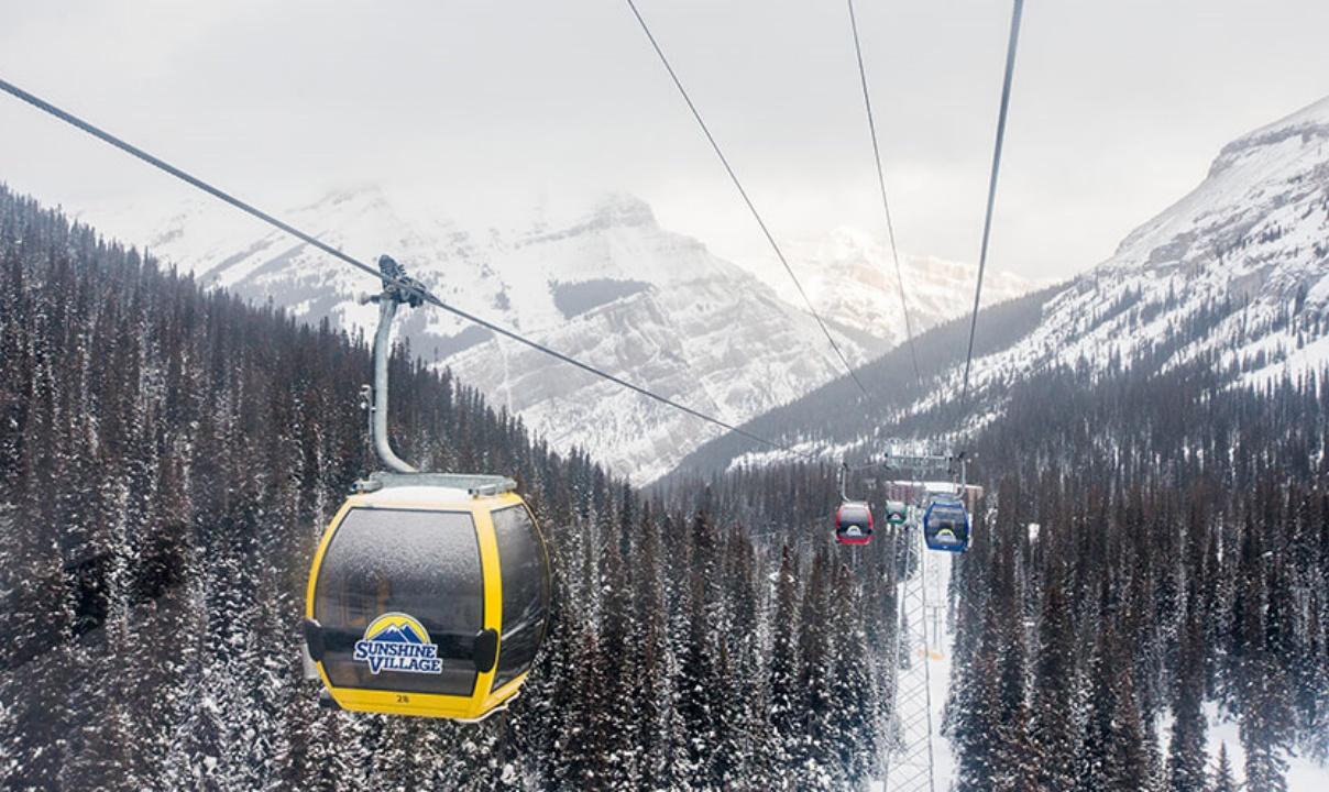 Yellow, blue and red gondola cars moving above snow-covered trees at Banff Sunshine Ski Resort.