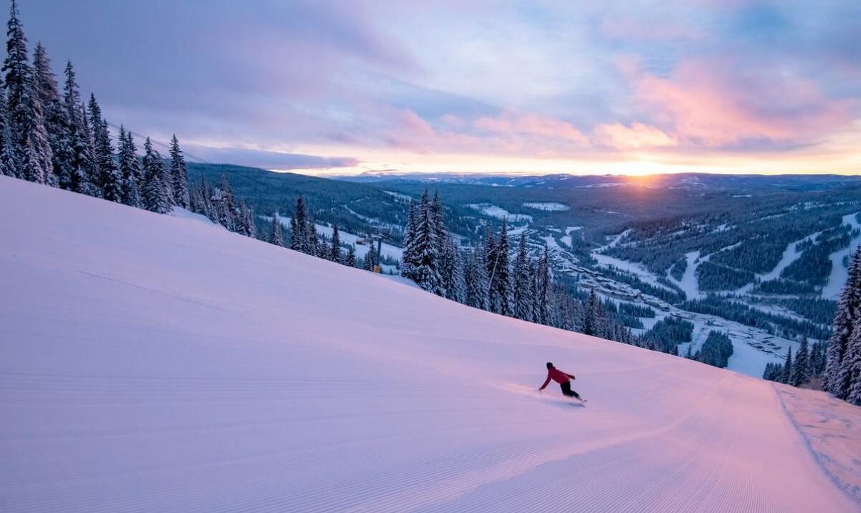 A person snowboarding down a snowy slope lit pink and purple by the setting sun.