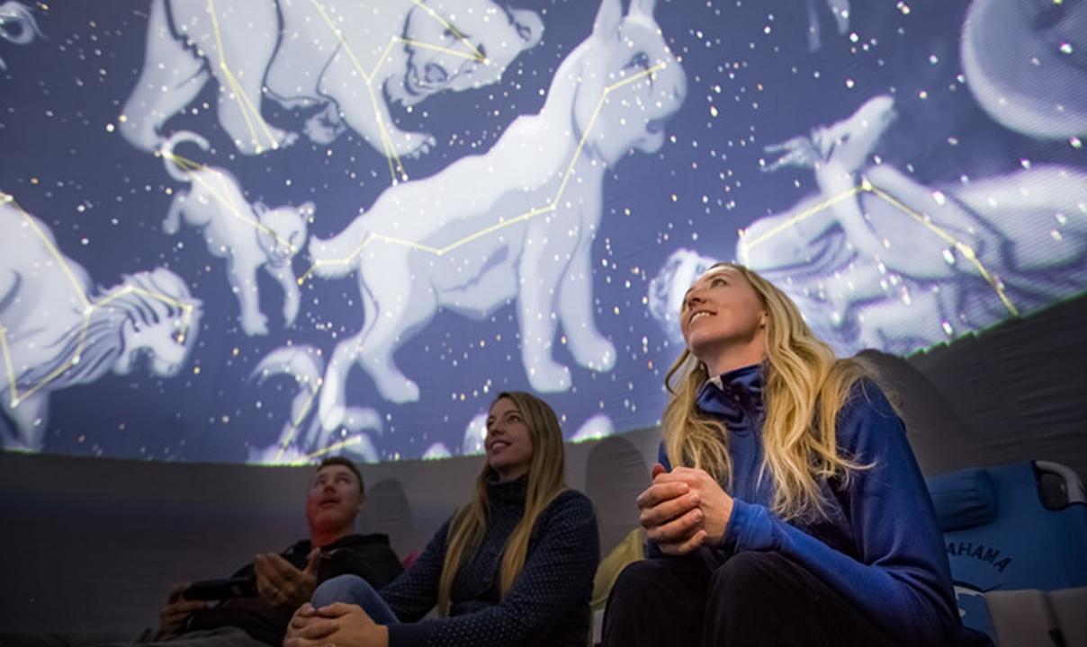 Three people taking in a planetarium show.