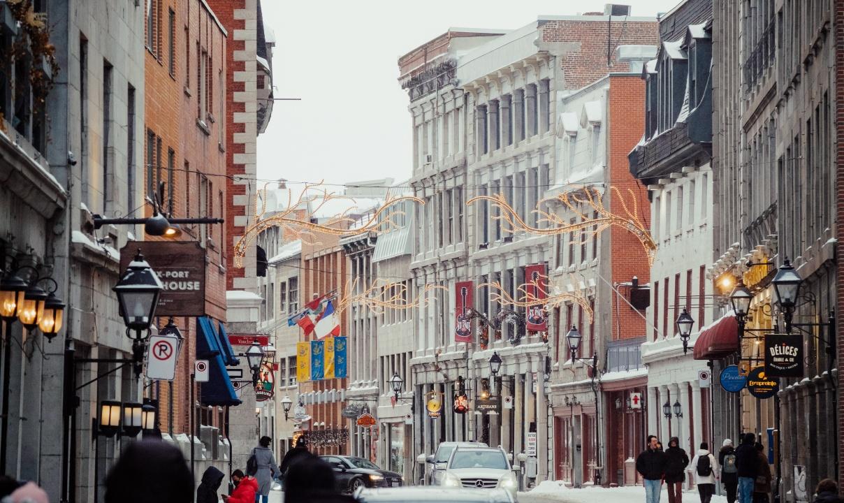 A shop-lined street in Montreal.