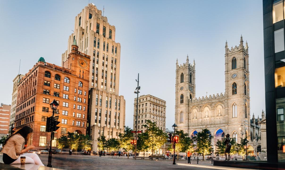 A cathedral among tall urban buildings with a treed plaza in front.