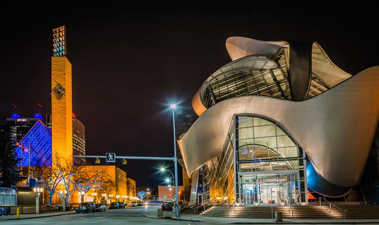 The exterior of the Art Gallery of Alberta at night.